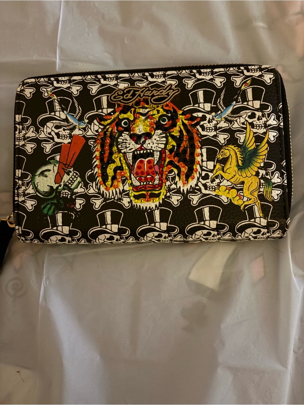 Ed Hardy Black Graphic Zip-Around Women’s Clutch Wallet